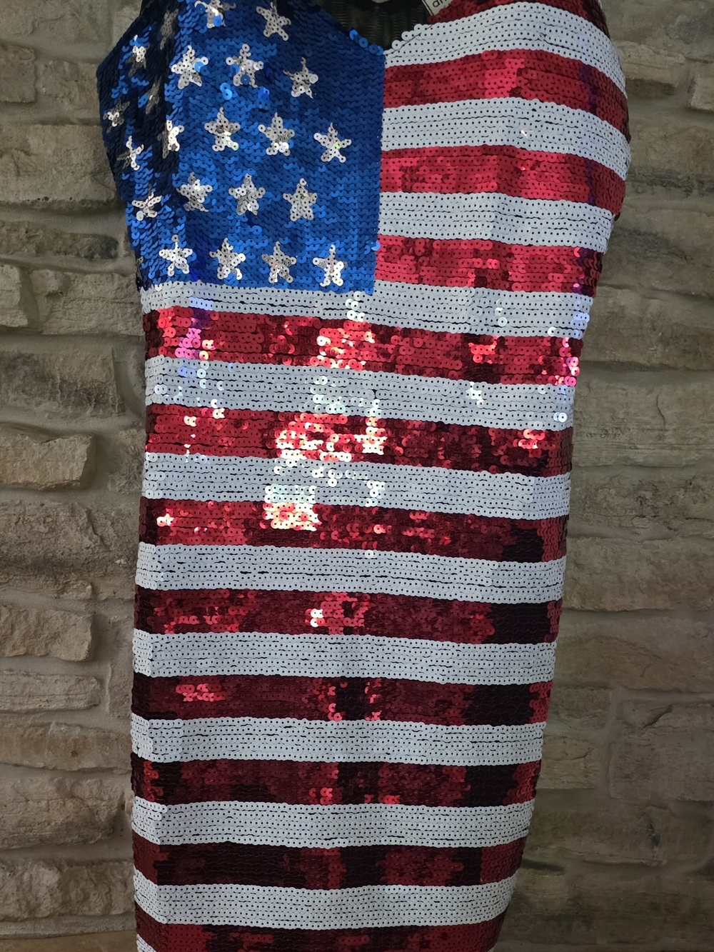 American Flag Sequin Pencil Dress in Red, White & Blue